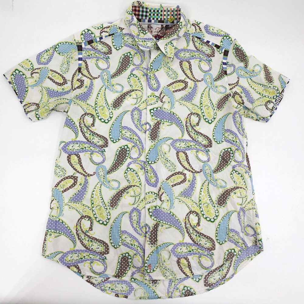 Robert Graham Casual Button-Down Shirt Mens Large White Paisley Short Sleeve